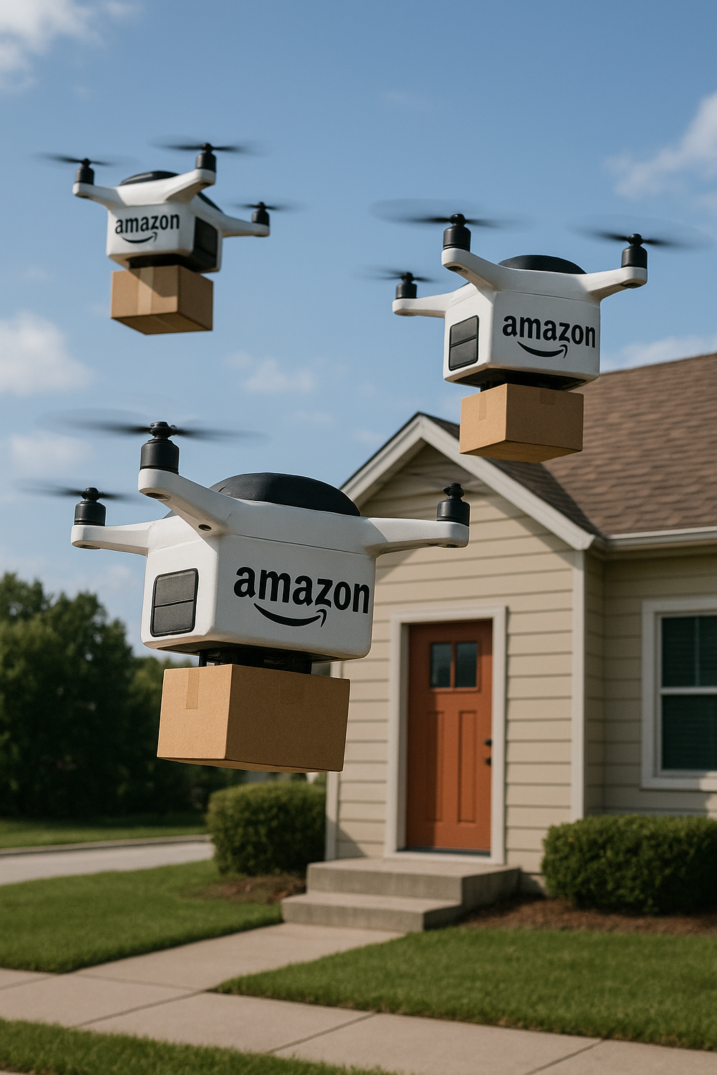 An image of Amazon drones doing door to door deliveries