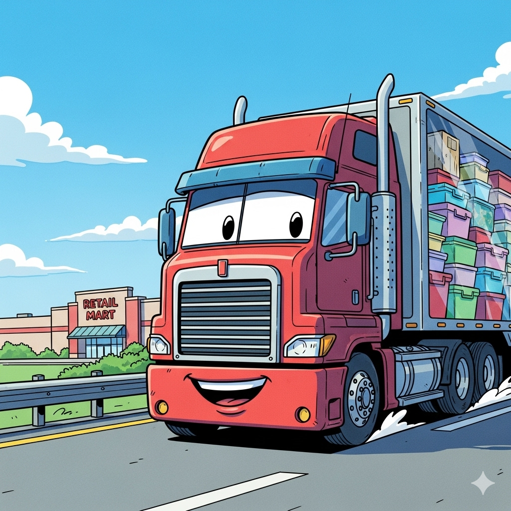 A cheerful truck taking parts from a large DC to store