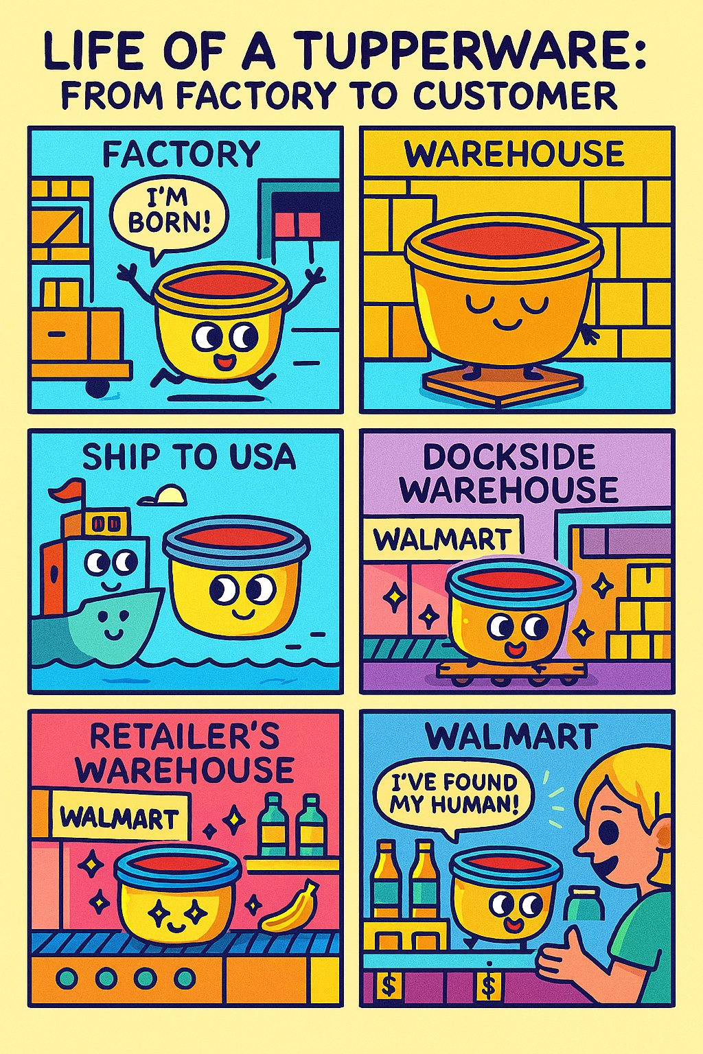 A Tupperware style box makes its way through the global supply chain