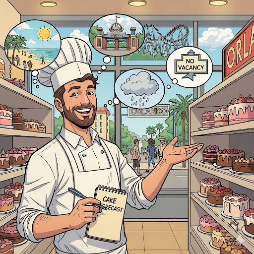 A small baker in a resort town thinking about managing his pastry output