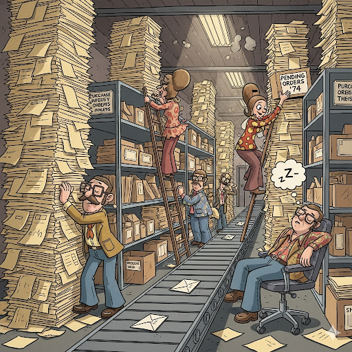 1960s/1970s office workers drowning in paperwork